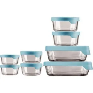 Anchor Hocking True Seal 16Pc Clear Glass Food Storage Set with Mineral Blue Lids