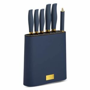 Thyme & Table 7-Pieces Slim Block Knife Set With Gold Blades and Blue Block